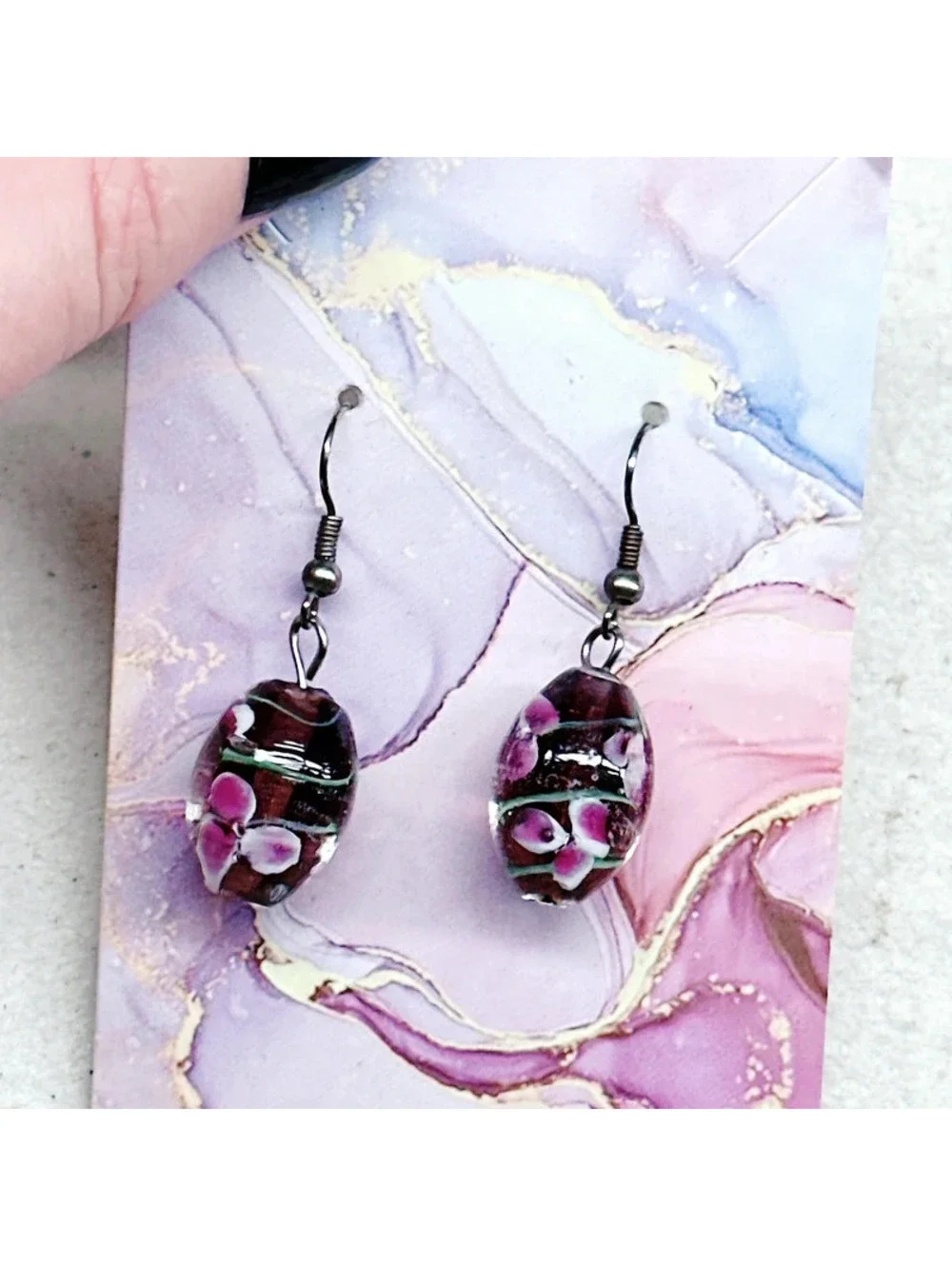 3016u. Purple Flower Earrings Glass